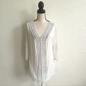 SOLITAIRE Swim White Long Sleeve V-neck Crochet Beach Coverup Dress Size Large